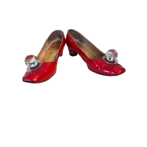 VTG 60s Saks Fifth Avenue Fenton Last RED PATENT LEATHER "ART DECO" HEELS 7.5 - Picture 3 of 8